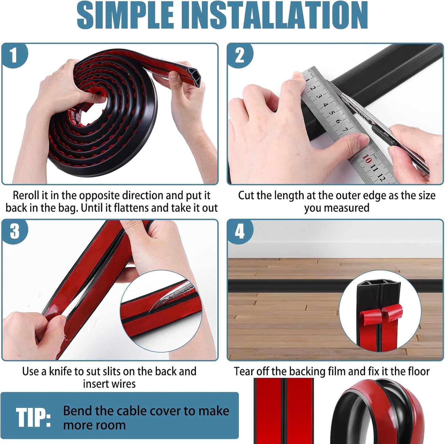 Floor Cord Covers for Wires 12FT Cable Hider Wire Cover Self Adhesive Cord Hider Floor for Offices, Homes, Workshops, Warehouses Cable Cavity 0.3" W x 0.3" H