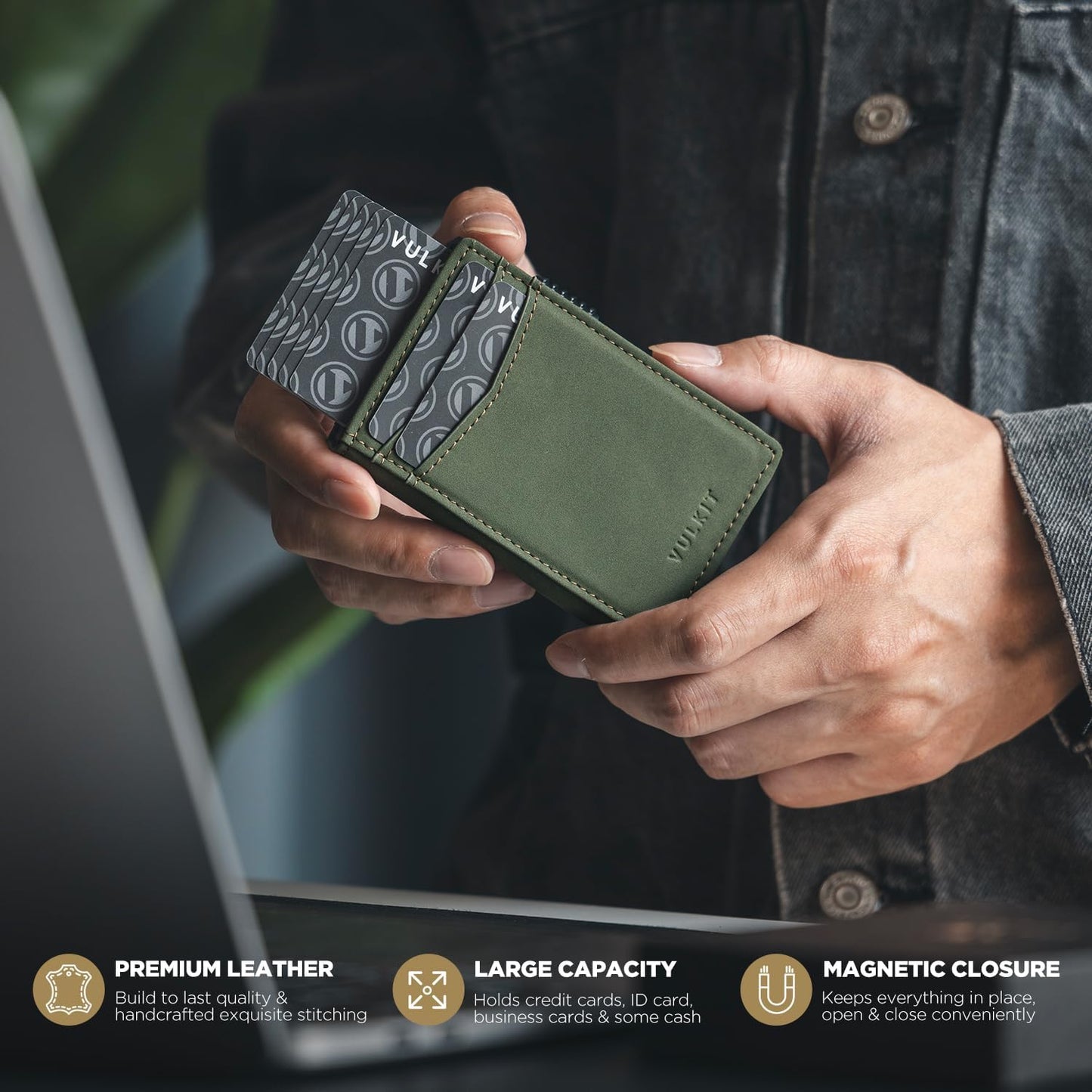 VULKIT Men's Wallet with ID Window Premium Leather Wallets RFID Blocking Minimalist Wallet Pop Up Card Holder Magnetic Closure