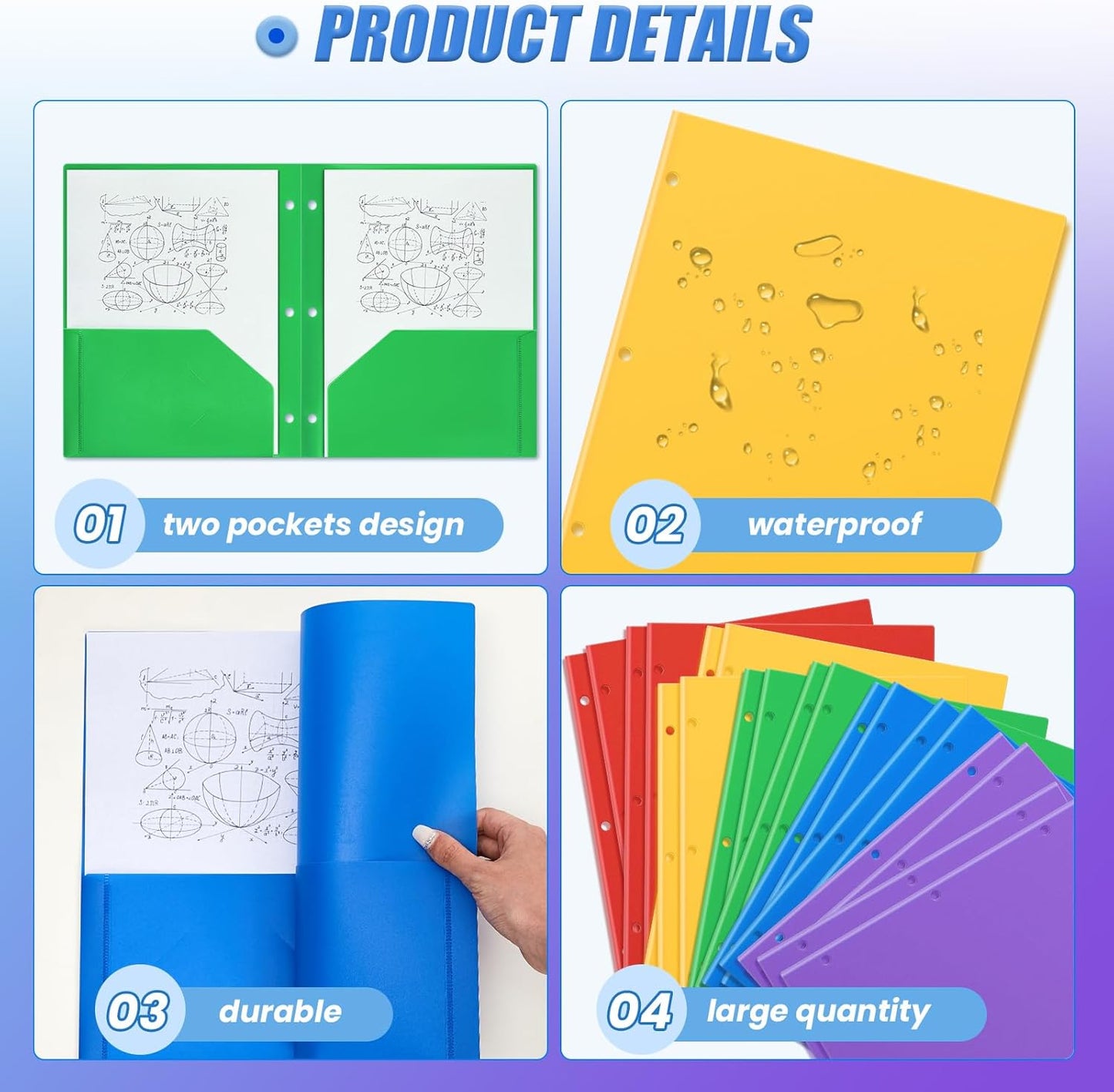 Yeaqee 50 Pcs Plastic Folders with Pockets Bulk 3 Hole Punched 2 Pocket File Folders for 3 Ring Binder Divider Folder for Notebooks, Durable Poly for Office Home (Multicolor)