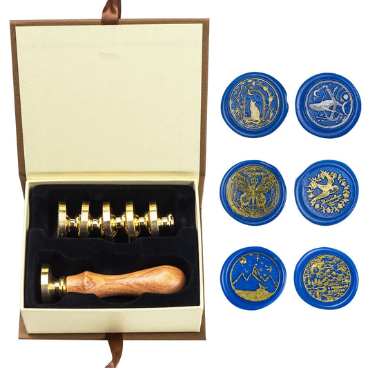 Animal Wax Seal Stamp Set with 6 PCS Removable Brass Heads and 1 Wooden Handle - Cat, Whale, Butterfly, Swallow Sealing Wax Stamp for Cards & Invitations