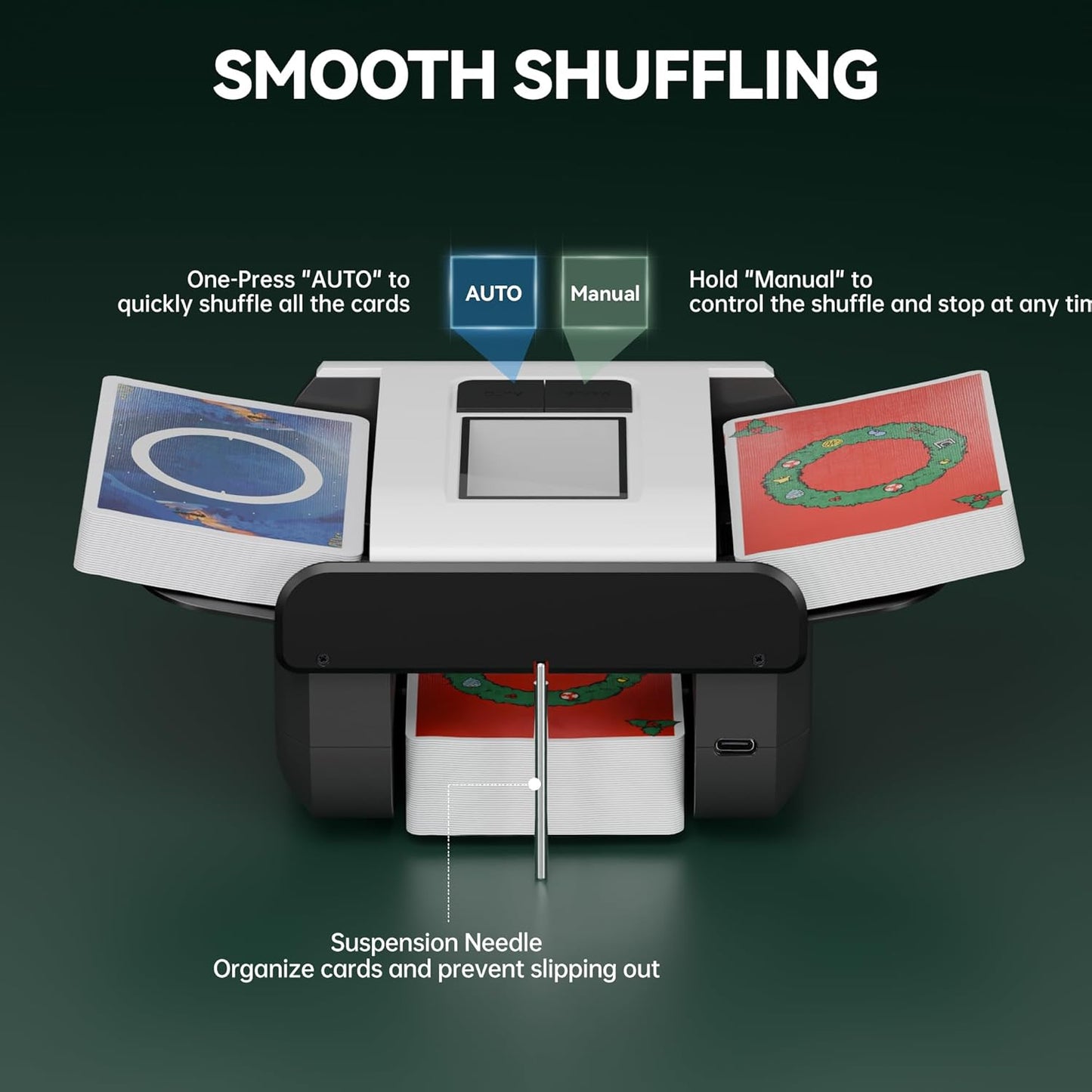 Automatic Card Shuffler, Electric Playing Shuffler Machine for 1-2 Decks, AUTO & Manual Mode, Low Noise, Portable & Rechargeable Shuffler for UNO, Poker, Blackjack, Skip-Bo, Phase 10