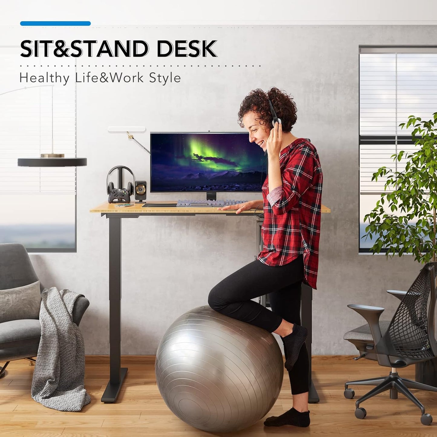FLEXISPOT E6 Essential Bamboo 3 Stages Dual Motor 55x28 Inch Electric Height Adjustable Standing Whole-Piece Board Desk Sit Stand Up Desk (Black Frame + Bamboo Desktop)