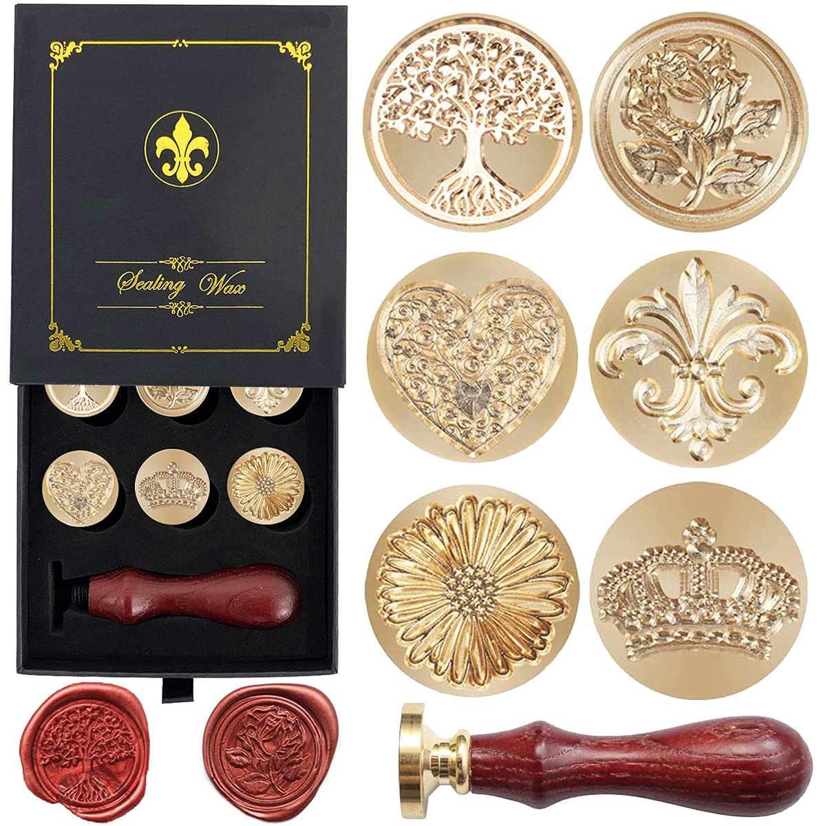 Wax Seal Stamp Gift Box Set, 6 Pcs Sealing Wax Stamps Copper Seals 1 Wooden Hilt, Wax Stamp Kit for Cards Envelopes, Gift Packaging (Nostalgic Classic Series)