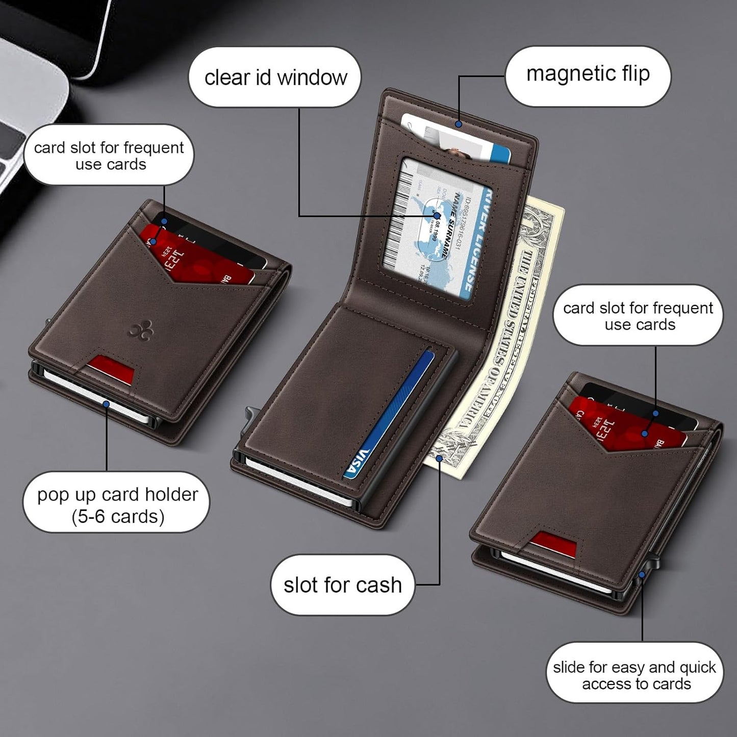 Wallet for Men Wallet with Slim Pop Up Card Holder for 12-14 Cards, RFID Blocking Bifold Minimalist Smart Wallet, Credit Card Holder with ID Window & Cash Slot, Compact Metal Card Case, Gifts for Men