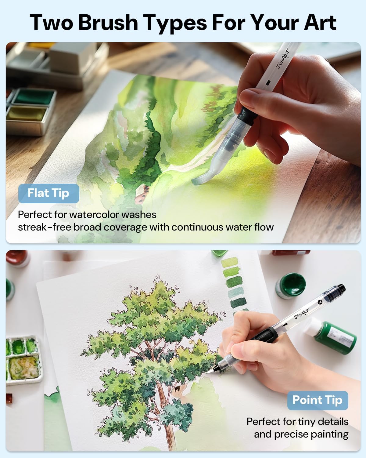 JusArt Water Brush Pens 6-Pack Leak-Proof Refillable Watercolor Pens for Acrylic and Gouache Painting - Includes Pointed & Flat Tip Styles - Portable Water Brushes for Artists, Beginners, Kids