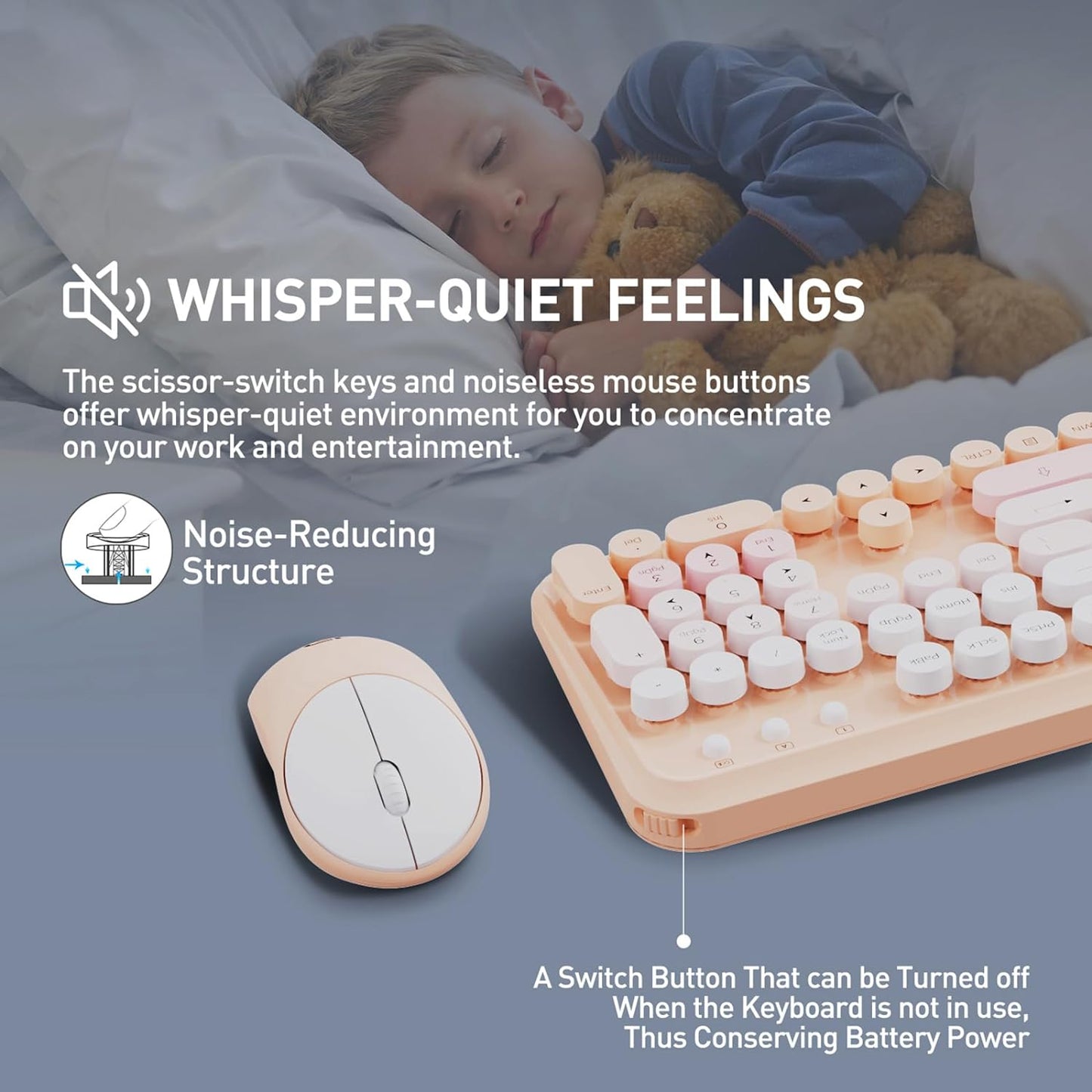 FD 2.4GHz Wireless Keyboard and Mouse Combo with Switch Button - Full-Size Keyboard - Compatible for Windows/Laptop/PC/Notebook/Smart TV and More - Light Pink Colorful