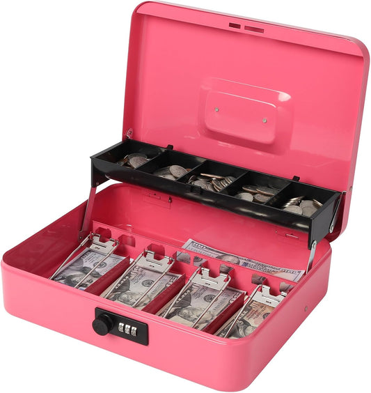 Jssmst Cash Box with Money Tray and Lock - Pink Cash Box with Combination Lock Safe Large, Locking Cash Register Drawer Box for Money, 11.8'' x 9.5'' x 3.5'', SM-CB005PC