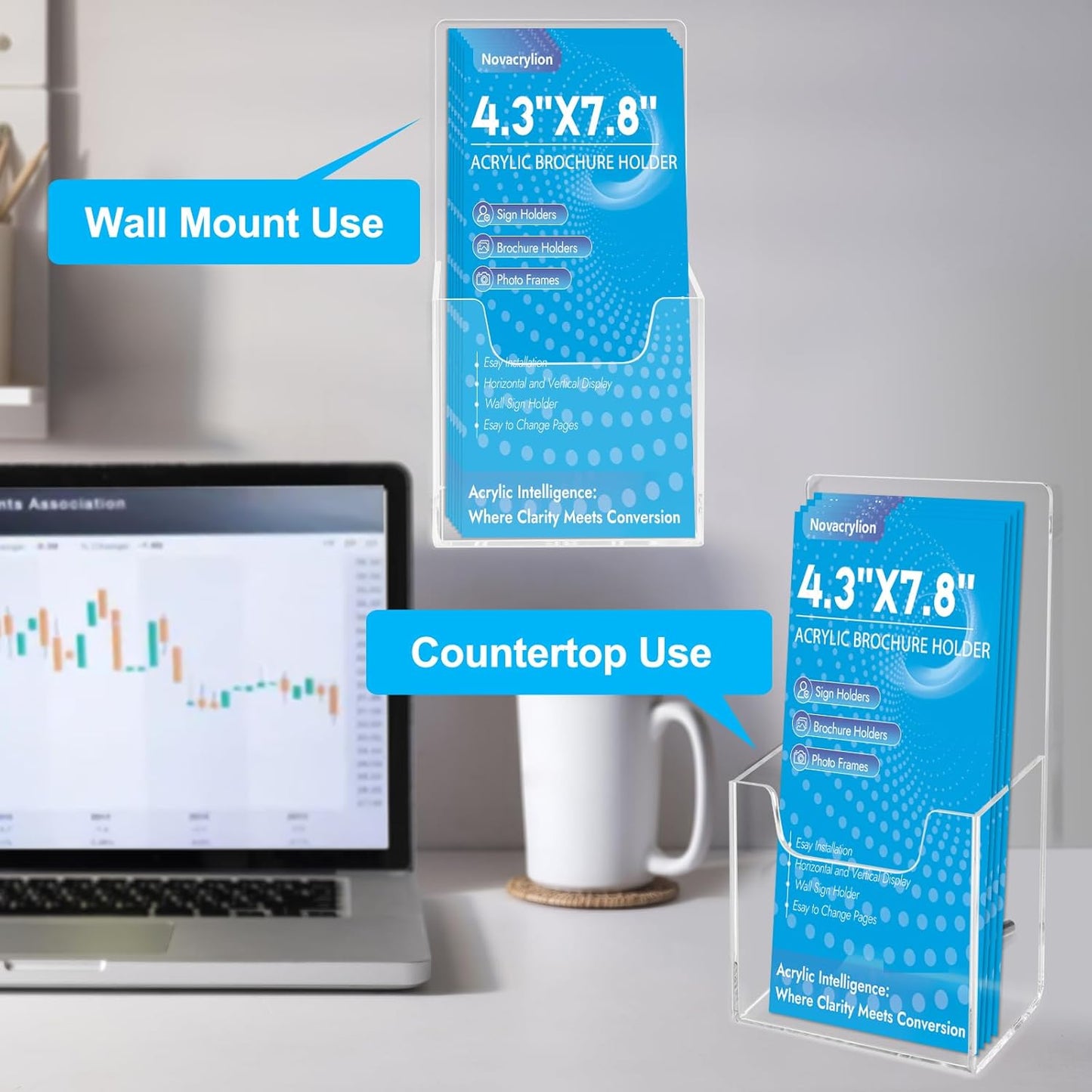 Acrylic Brochure Holder Wall Mount or Countertop Display Stand – Clear Pamphlet & Literature Organizer Fits Trifold Flyers, Menus, Leaflets for Office, Shop, Hotel, Classroom, Reception Desks (4 Pack, 4.3 x 7.8 inch)