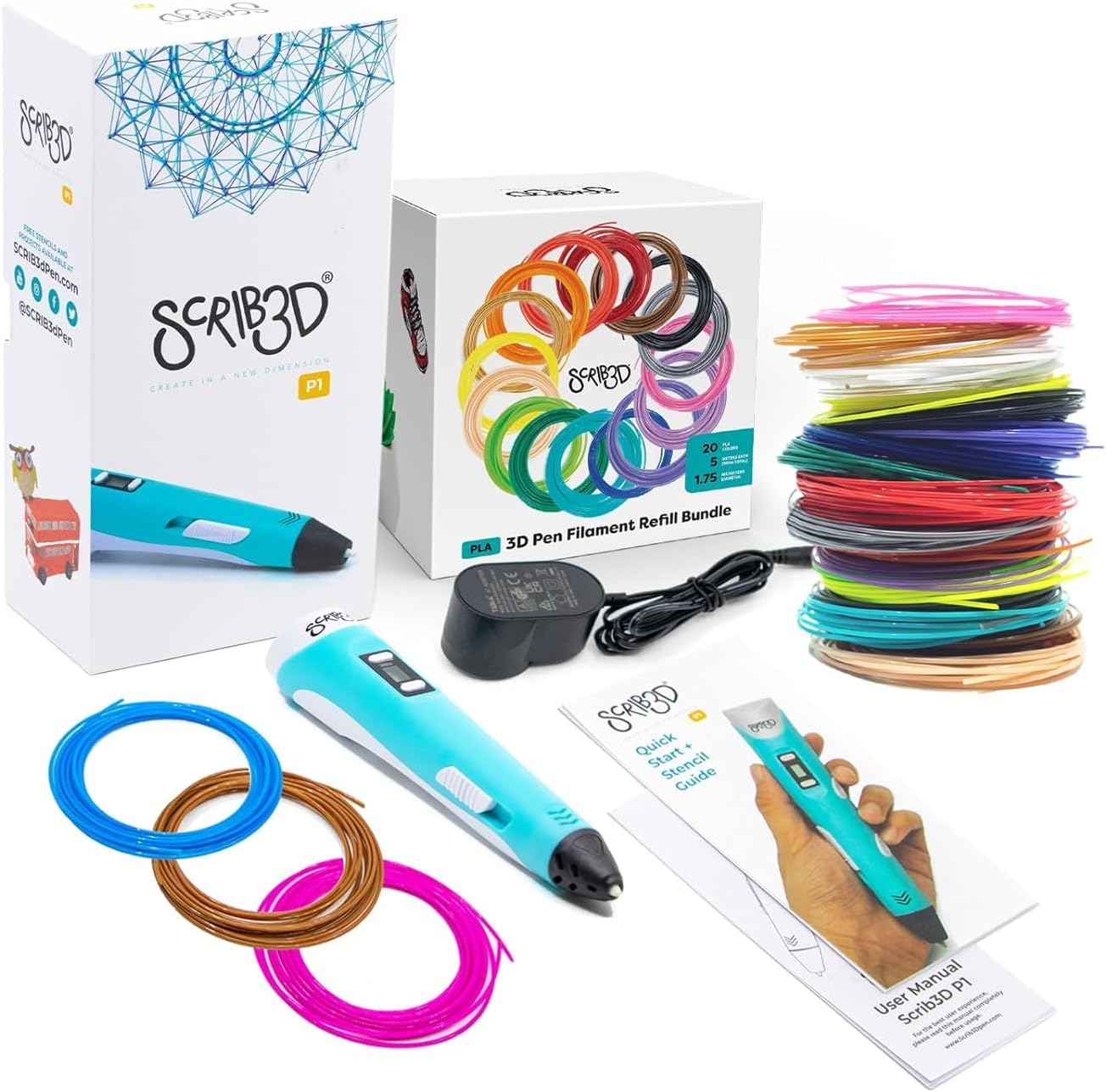 SCRIB3D P1 3D Printing Pen with 3 Starter Colors and PLA Refill Pack with 20 Assorted Colors