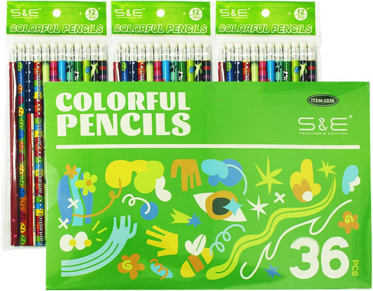 S & E TEACHER'S EDITION 36pcs Assorted Colorful Pencils, Wooden Pencil with Eraser, Pencil Assortment, Novelty Kids Pencils，Awards & Incentives, No. 2 HB, Back to school, 12 Designs.
