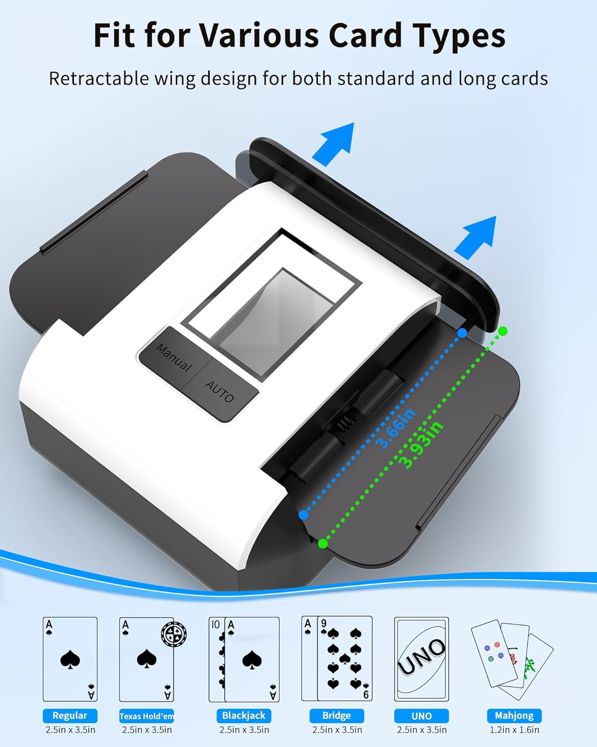 ADZERD Automatic Card Shuffler for 1-2 Decks with Dual Auto/Manual Modes, USB-C Rechargeable, Quiet Operation, Compatible with UNO, Poker, Mahjong, Bridge, Rummy, Skip-Bo, Phase 10 & More