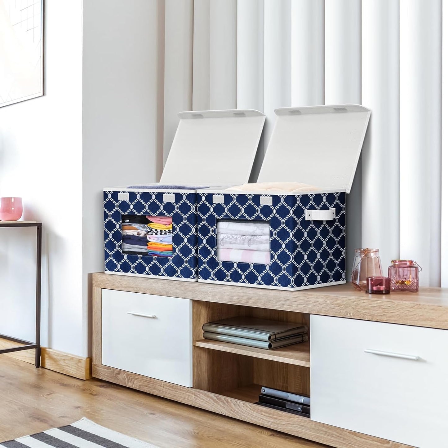 Univivi Fabric Foldable Storage Boxes [4-Pack] Large Collapsible Stackable Storage Bins with Lids, Closet Organizers and Storage Cube Basket for Home, Office, Bedroom (Blue Lantern, 17”x 12” x 12”)