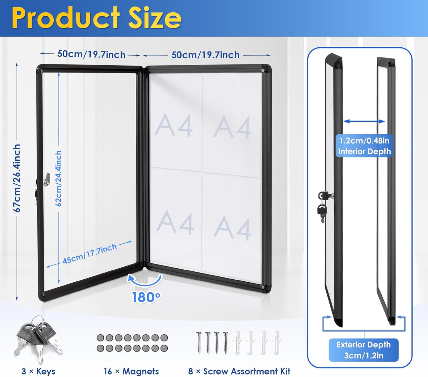 SWANCROWN Enclosed Notice Board Magnetic Bulletin Boards for Office with Locking Door,Black Frame, 26x20inch(4XA4