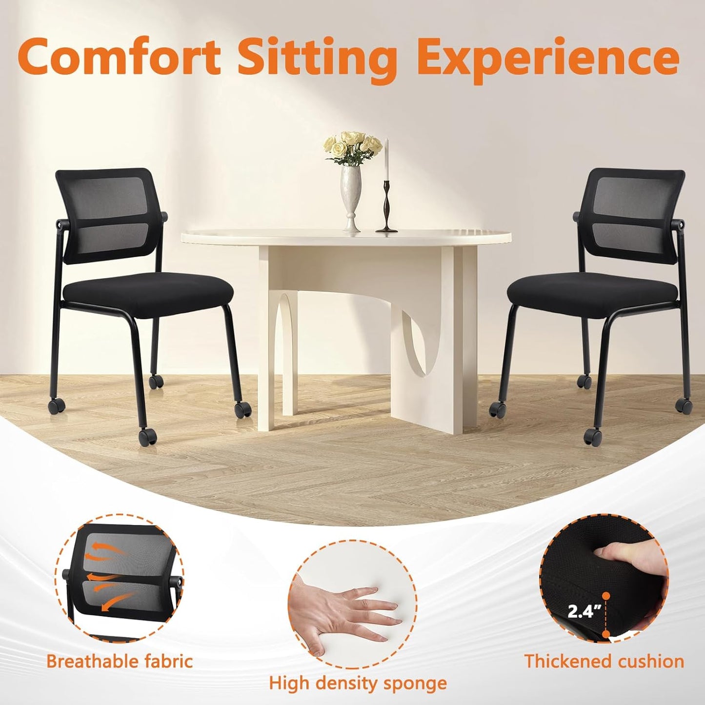 CLATINA Stacking Armless Office Waiting Room Chair with Wheels, Stackable Mesh Guest Reception Desk Chairs with Adjustable Backrest for Conference Lobby Side School, Black, 4 Pack