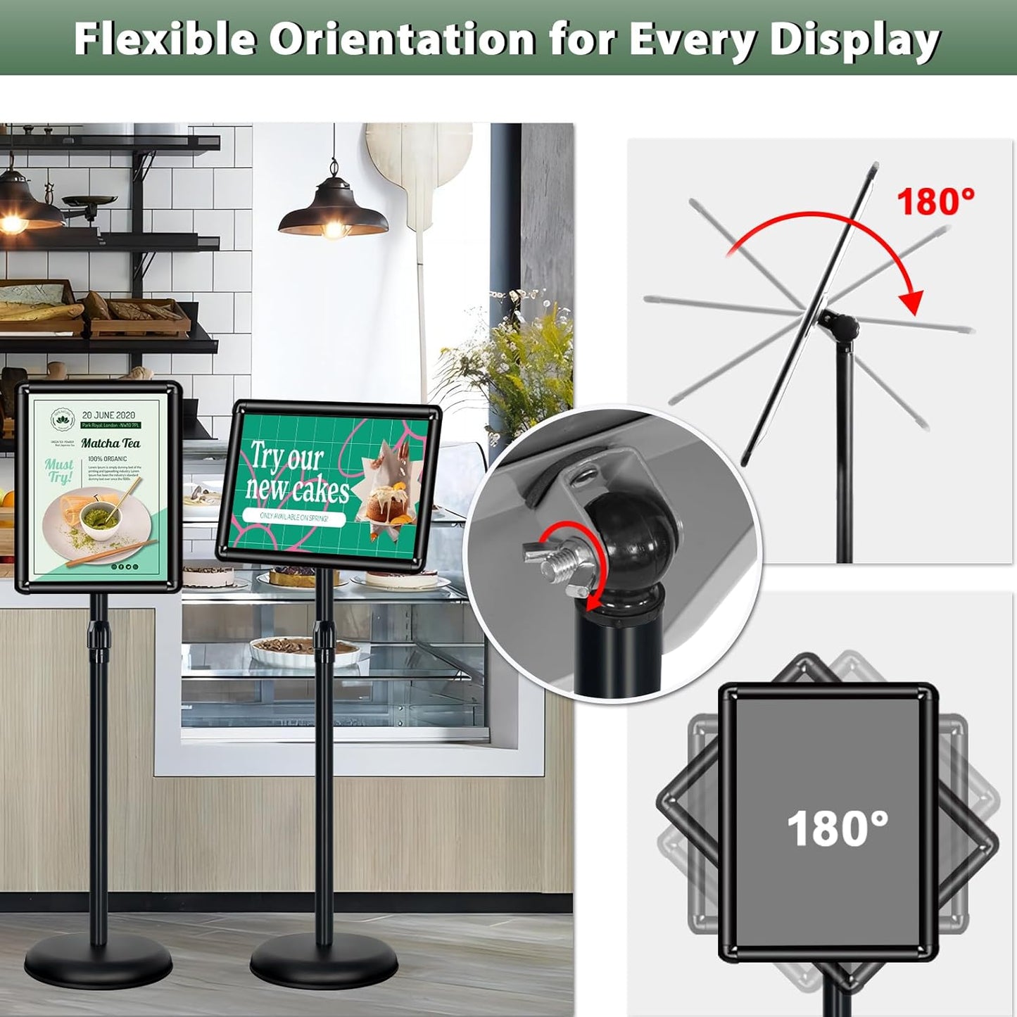 Poster Stand Holder Adjustable Pedestal Floor Standing Sign Holder Vertical and Horizontal View Sign Display, Aluminum Snap Open Frame with Safety Corner (2P-Black-11x17)