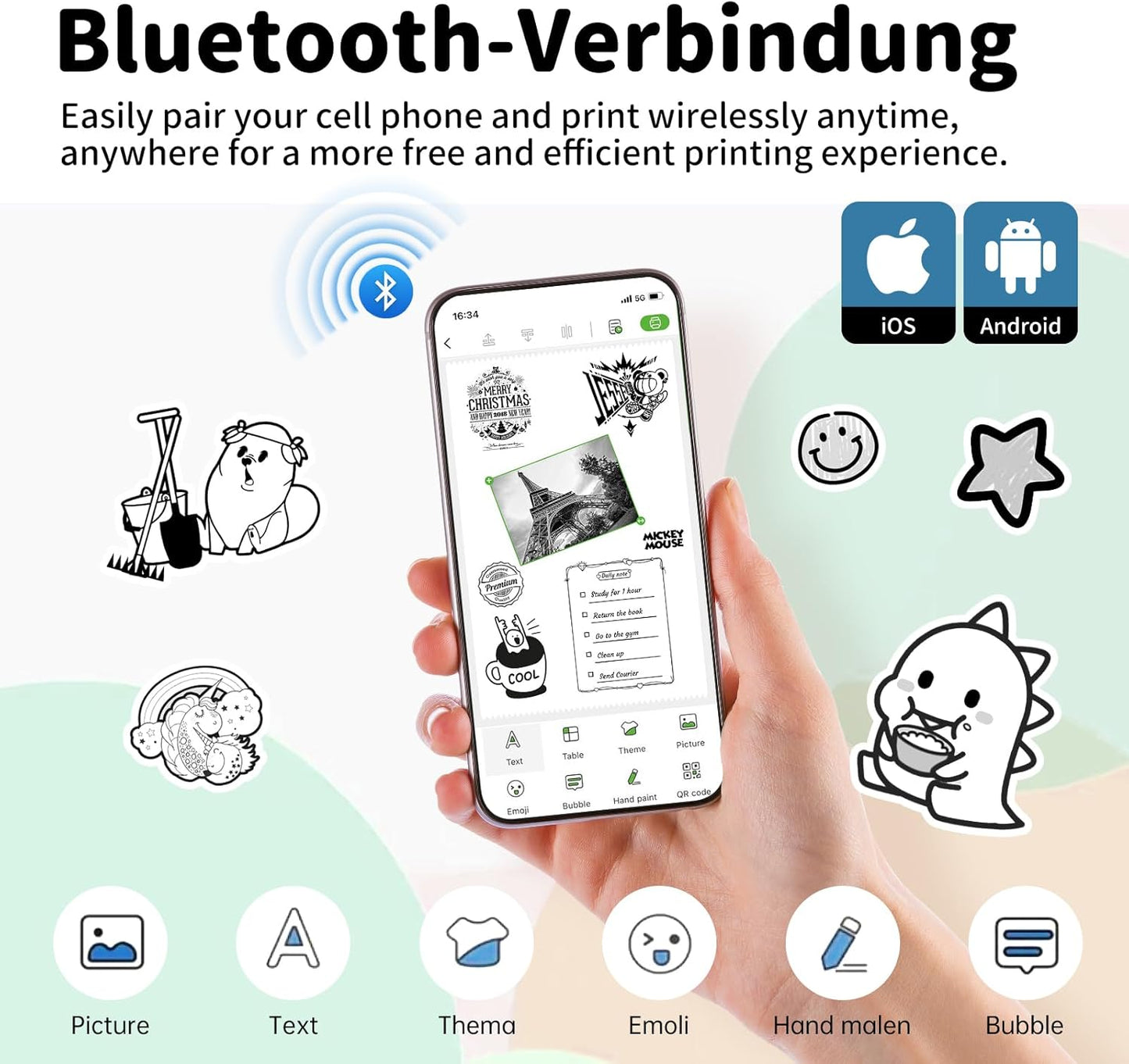 iDPRT Sticker Printer - Mini Portable Printer Bluetooth Thermal Label Printer with 1 Roll Sticker Paper, Inkless Sticker Maker Machine Pocket Instant Print for Study Notes, Pictures, DIY, Label