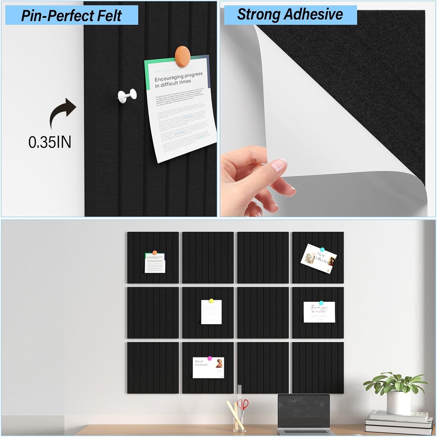 Large Cork Boards for Walls – 48 x 36 Self Adhesive Felt Wall Tiles, Ideal for Office Black Bulletin Board, Easy to Install Pin Board Photo Board