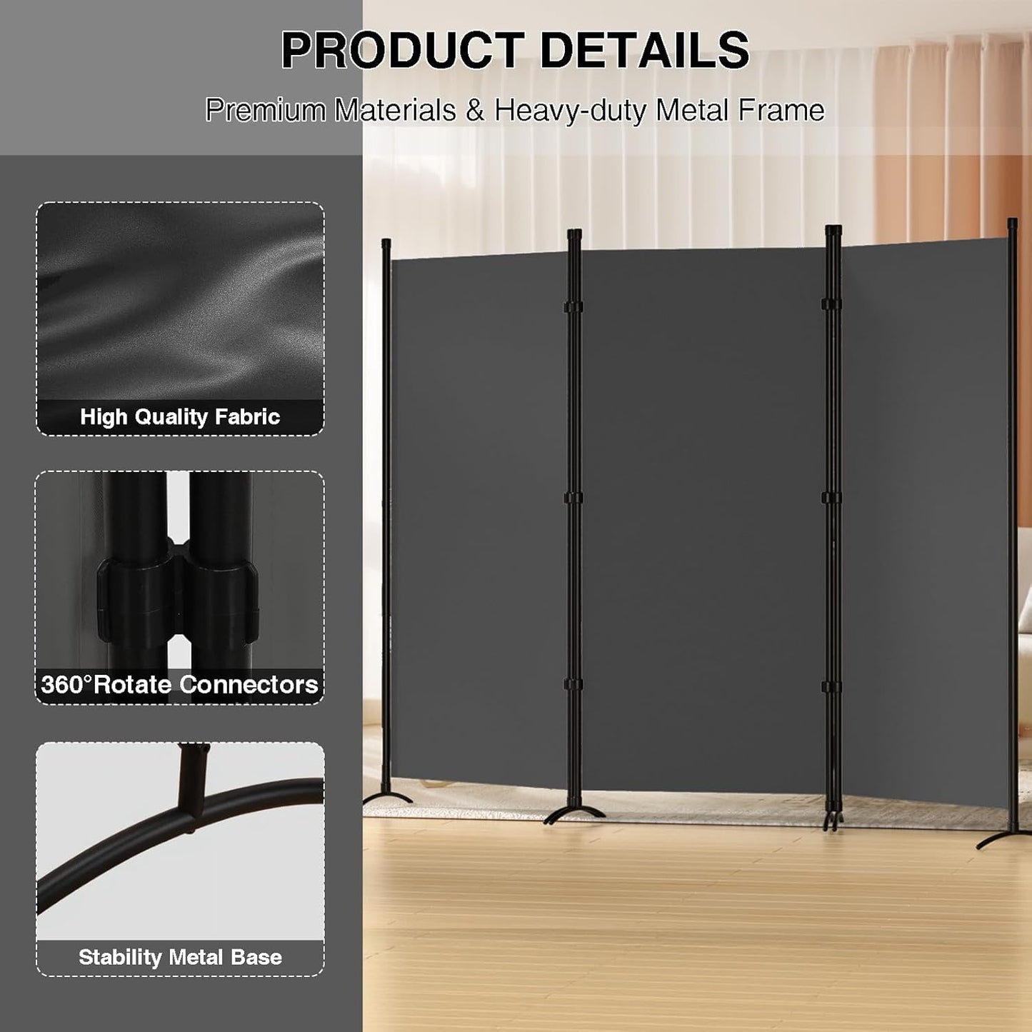 Room Divider 3-Panel Privacy Screen, Portable Screen Steel Frame with Hook&Loop for Home, Office, Classroom, Studio, Meeting (Grey