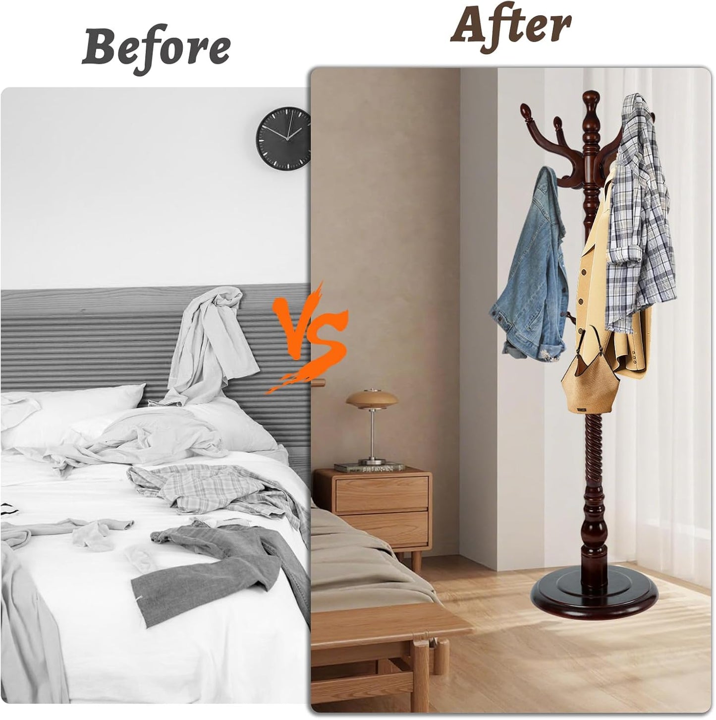 Wooden Coat Rack Freestanding with Resin Hooks, Adjustable Heavy Duty Stand for Hanging Coats, Bags, Hats, and Umbrellas in Living Room, Bedroom, Entryway (Antique color)