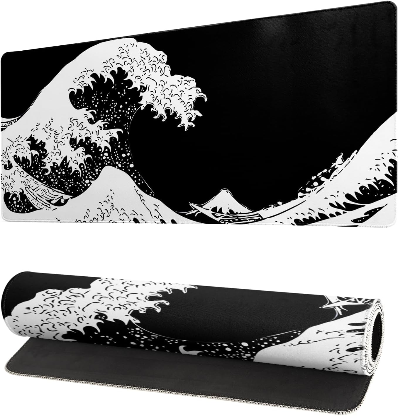 Japanese Sea Wave Large Mouse Pad, Abstract Black Gaming Mousepad, Extended Kanagawa Mat Desk Pad, 3mm Thick Long Non-Slip Rubber Base Mice Pad for Office and Home, 27.6x11.8 Inch