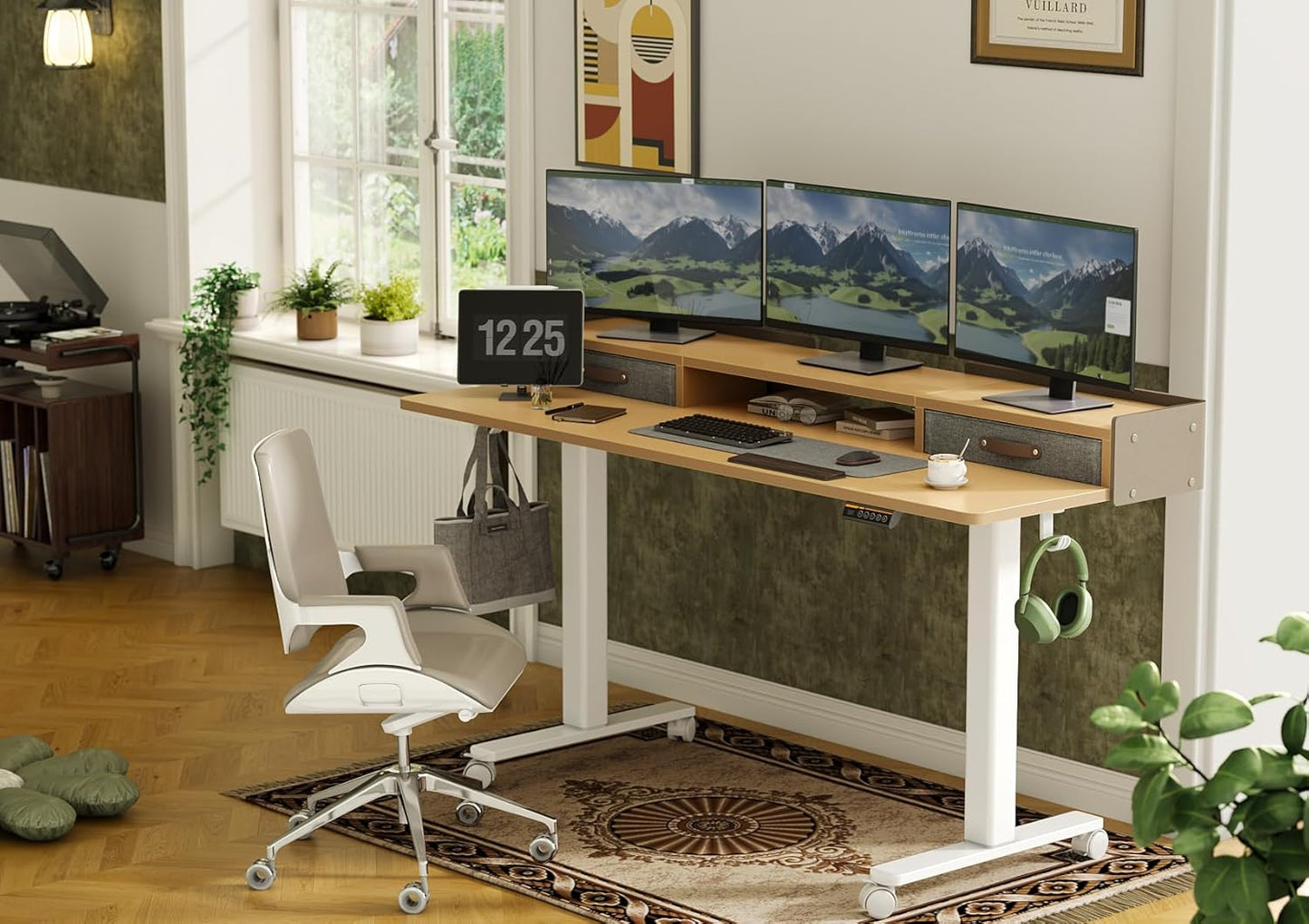 Claiks Standing Desk with Drawers, Adjustable Stand Up Electric Standing Desk Adjustable Height with Storage Shelf and Splice Board, 63 Inch, Natural