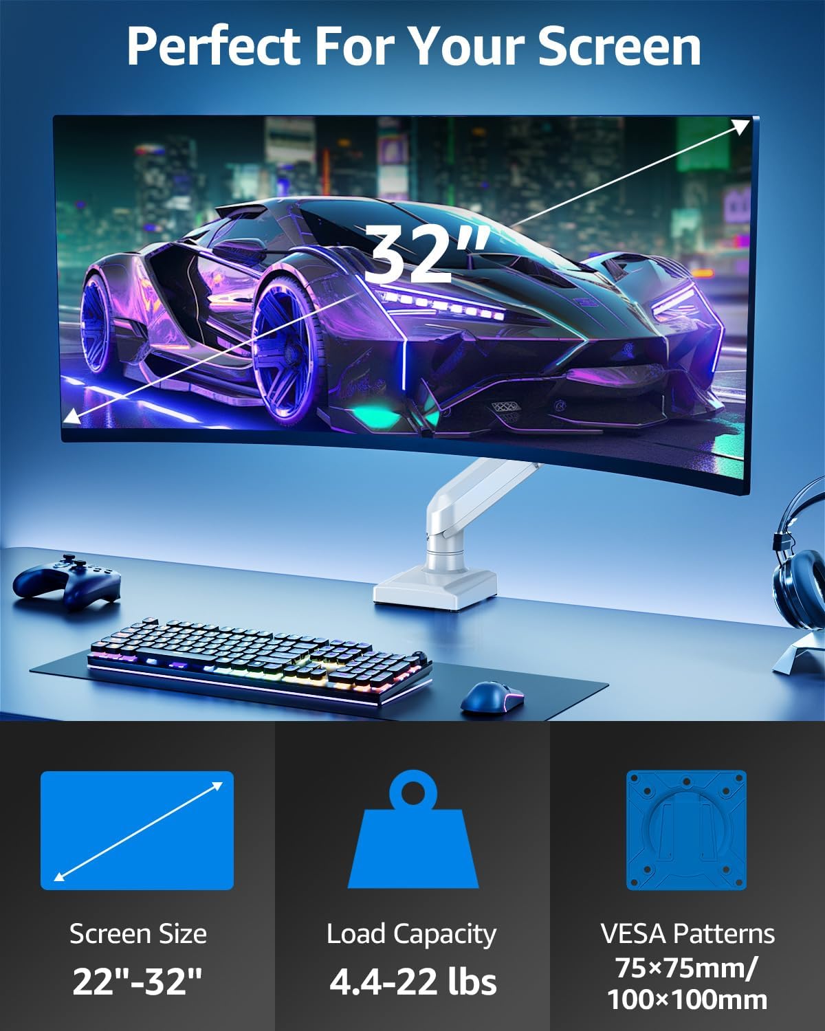 Single Monitor Mount for 32 27 24 22 inch Screen, Gas Spring Arm Holds 4.4-22 lbs, Monitor Desk Mount, Gaming & Home Office Use, VESA 75x75mm & 100x100mm, Freelift Pro White