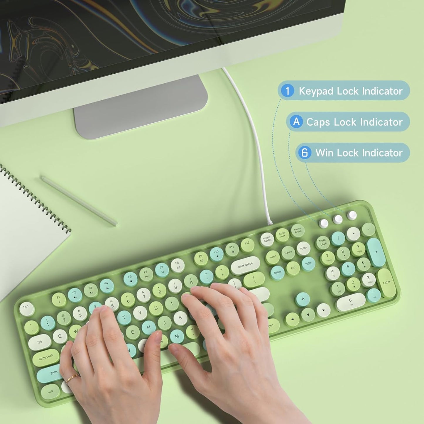 Wired Keyboard, 104 Keys Full-Sized Typewriter Keyboards, USB Plug Play Office Keyboard with Number Pad, Caps Indicators, Foldable Stands for Windows, PC, Laptop, Desktop (Green Colorful)