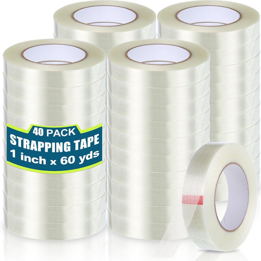 Treela 40 Rolls 1 Inch x 60 Yards Filament Strapping Tape 5.5 Mil Transparent Reinforced Fiberglass Heavy Duty Packing Shipping Tape for Sealing Binding Fixing