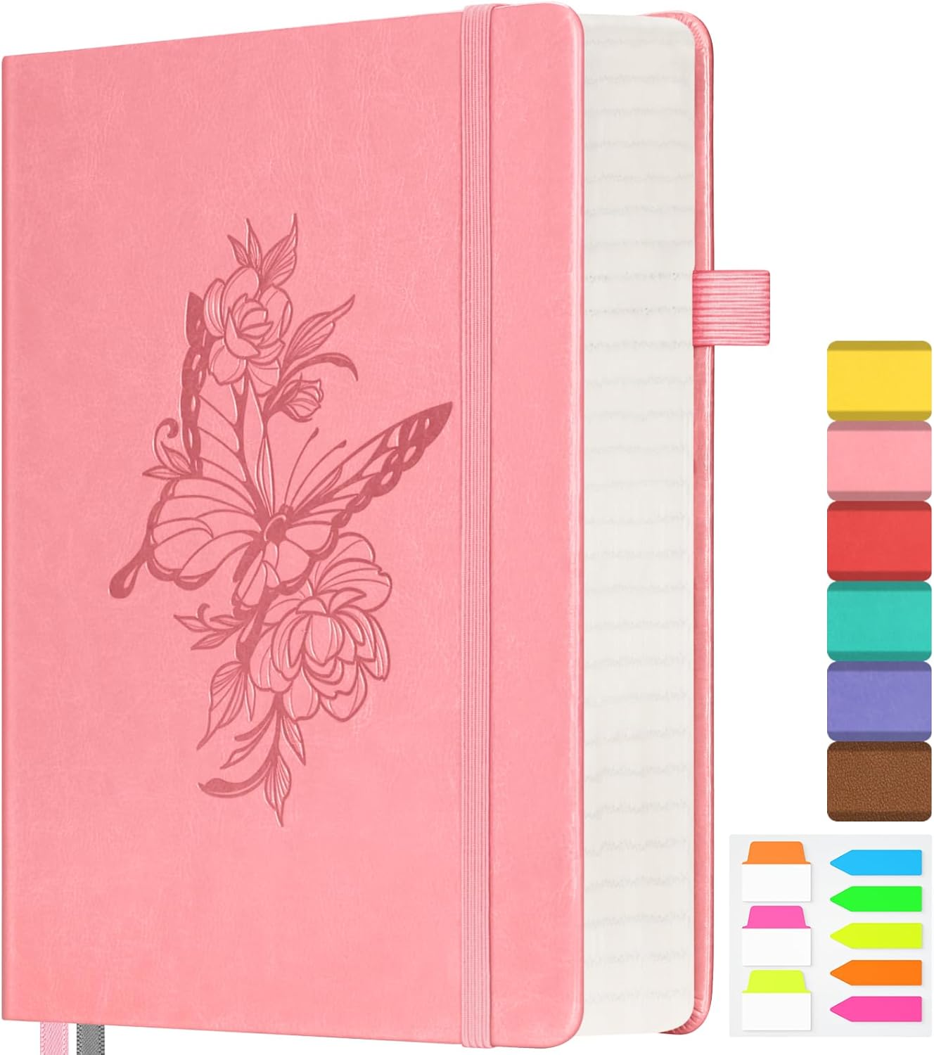 Lined Notebook Journal for Women, 312 Numbered Pages A5 Thick Leather Journal, 100gsm Paper Daily Journal for Work Travel, Hardcover College Ruled Notebook, Giftable Butterfly Floral Notebook, Pink
