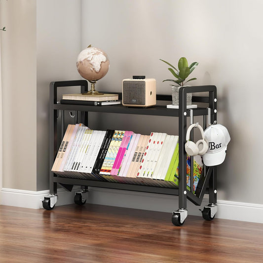Bookshelf Movable Book Cart Multi-Layer Storage Rack Large-Capacity Rolling Cart L-Shaped Carbon Steel Shelf Suitable for Storing Books, Magazines, Newspapers, Shoes