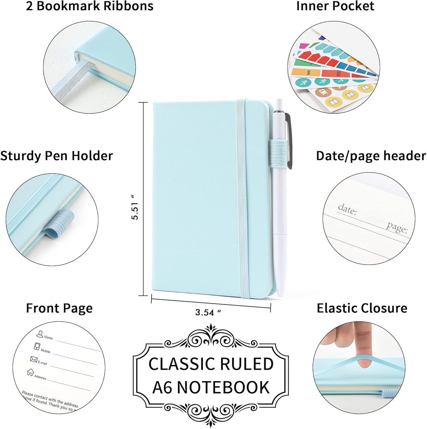 feela 3 Pack Pocket Small Notebook Journals, Mini Cute Memo Notepad Hardcover College Ruled Lined Journals with Pen Holder for Women Girls Office School, with 3 Black Pens, 3.5”x 5.5”, A6, Sky Blue
