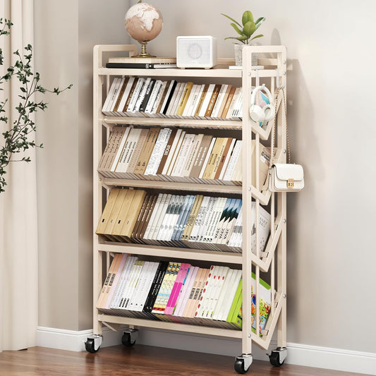 Bookshelf Movable Book Cart Multi-Layer Storage Rack Large-Capacity Rolling Cart L-Shaped Carbon Steel Shelf Suitable for Storing Books, Magazines, Newspapers, Shoes