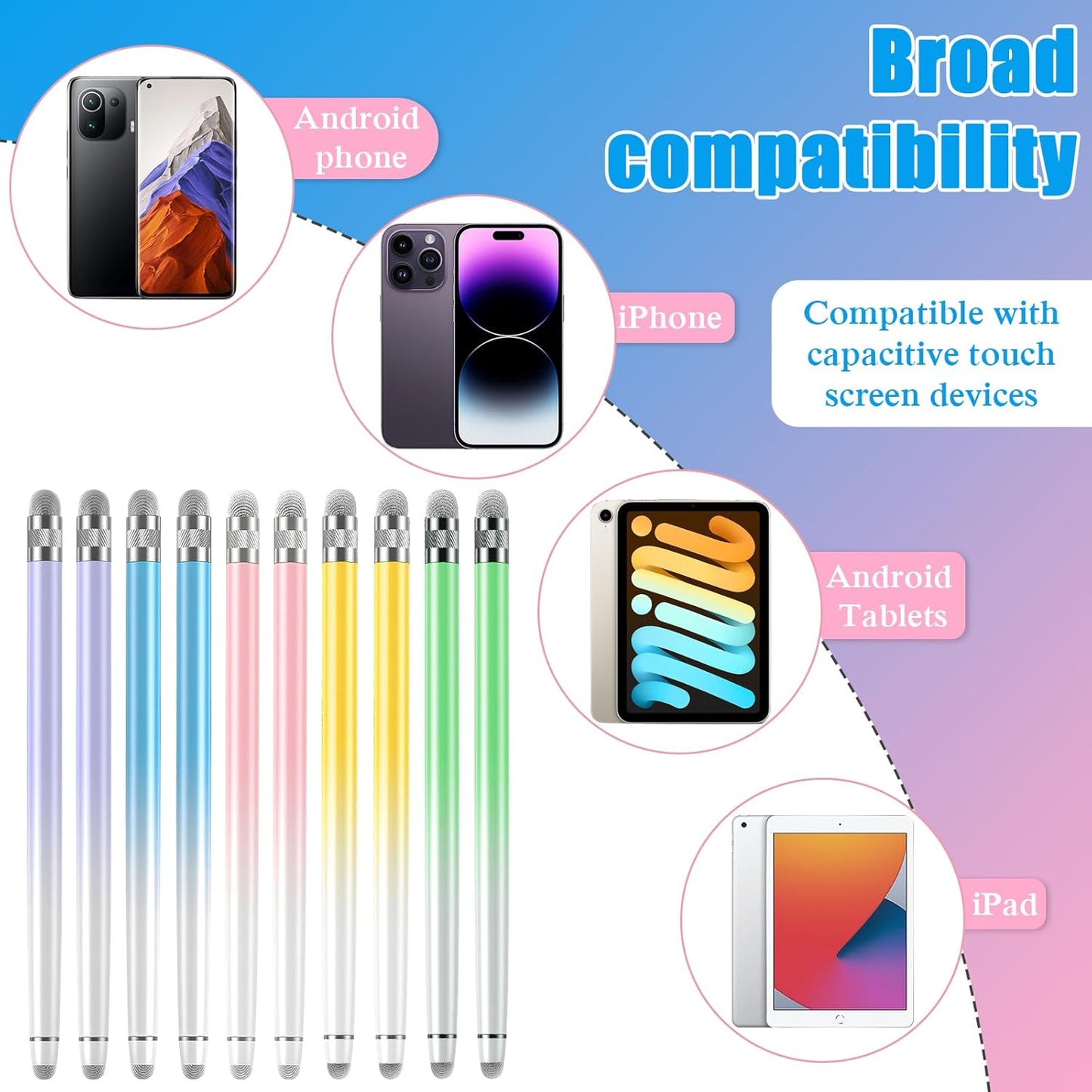 Bopomofo 10PCS Stylus Pen for Touchscreen,Stylus Pen for iPhone/iPad/Tablet Android/Microsoft/Surface, Compatible with Touch Screens (Purple/Pink/Blue/Green/Yellow)