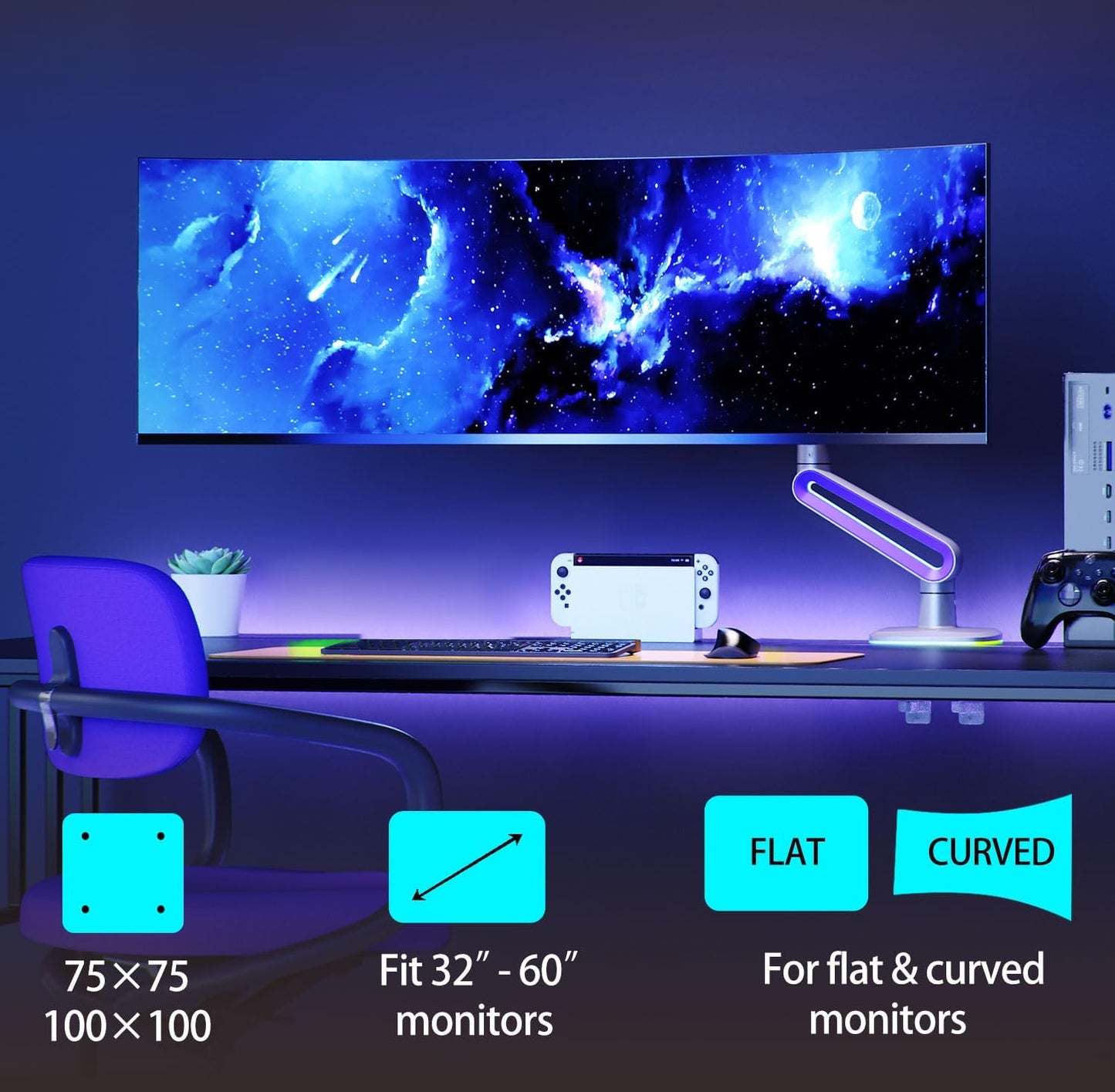 Designer Gaming Monitor Arm for 32 to 60 Inches Screen, Load up to 20 kg, VESA 75/100, RGB-Light, Heavy Duty, Multi Angle Adjustable, Premium Aluminum, Long Arm Extension Purple Blue