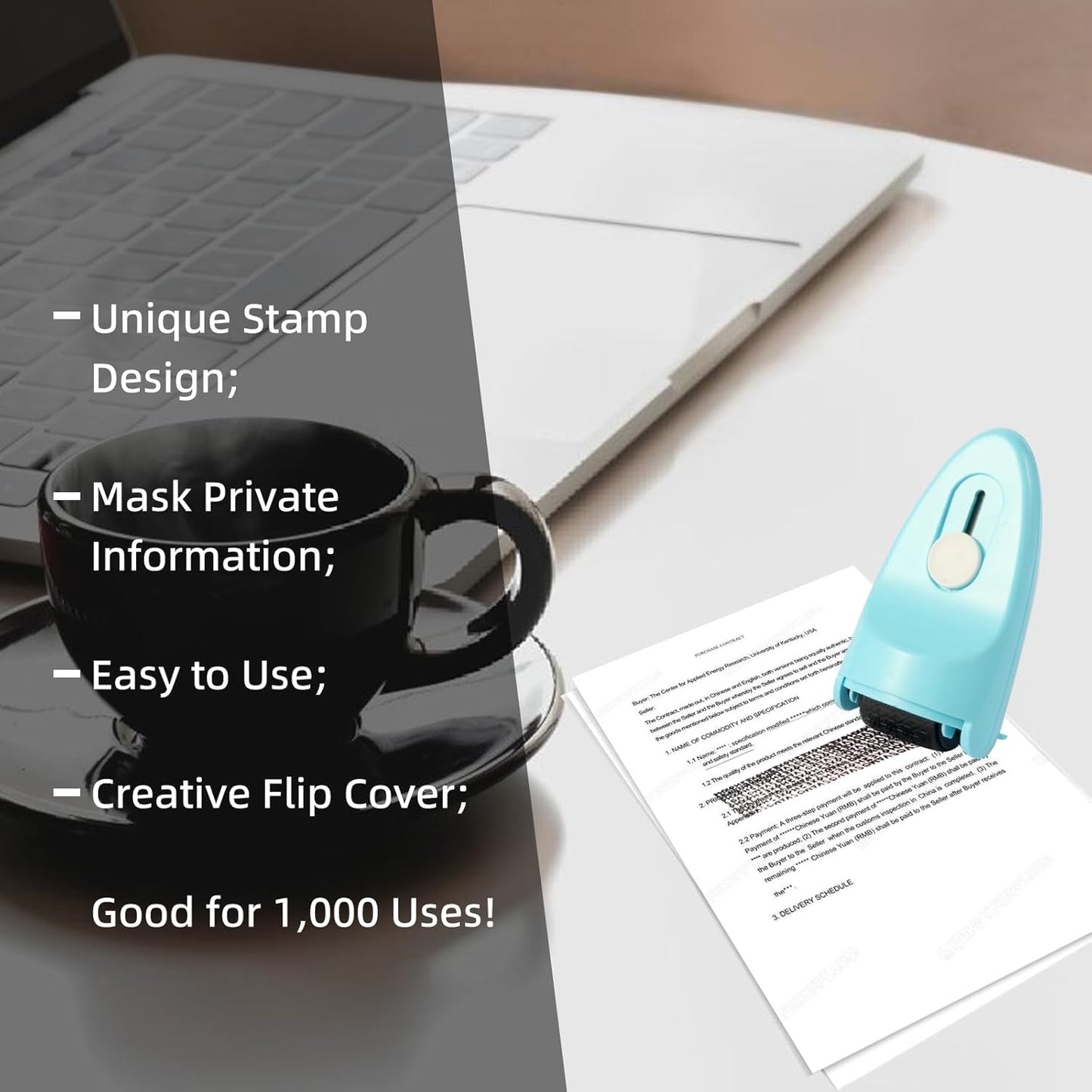 Identity Privacy Protection Roller Security Stamp 2Packs - Guard Your ID with Refillable Ink, Built-in Cutter & Flip Cover Design, Compact Privacy Safety Tool for Document, Mail, etc. (Blue)