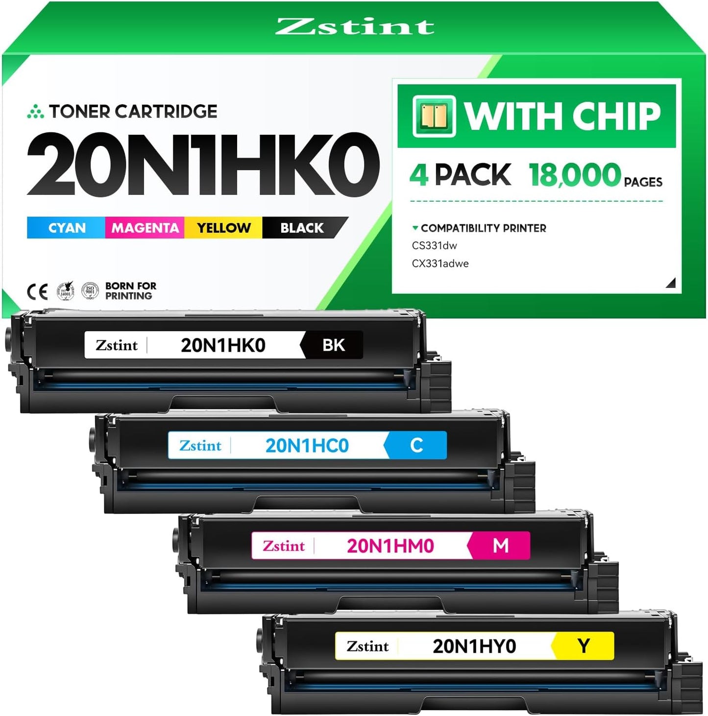 20N1HK0 20N1HC0 20N1HM0 20N1HY0 Toner Cartridge Set（4-Pack with chip） High Yield Replacement Compatible for Lexmark Color CS331dw CS431dw CX331adwe CX431adw Laser Printer（Black Cyan Magenta Yellow）