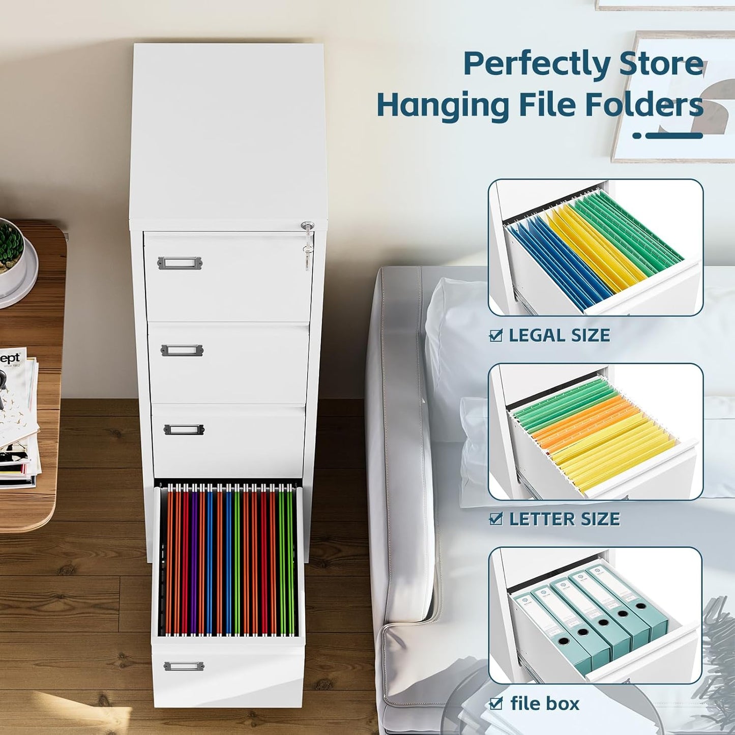 MIIIKO 4 Drawer File Cabinet, White Vertical Filing Cabinets with Lock, Home Office File Folders Storage Cabinet for Letter Legal A4 File Size