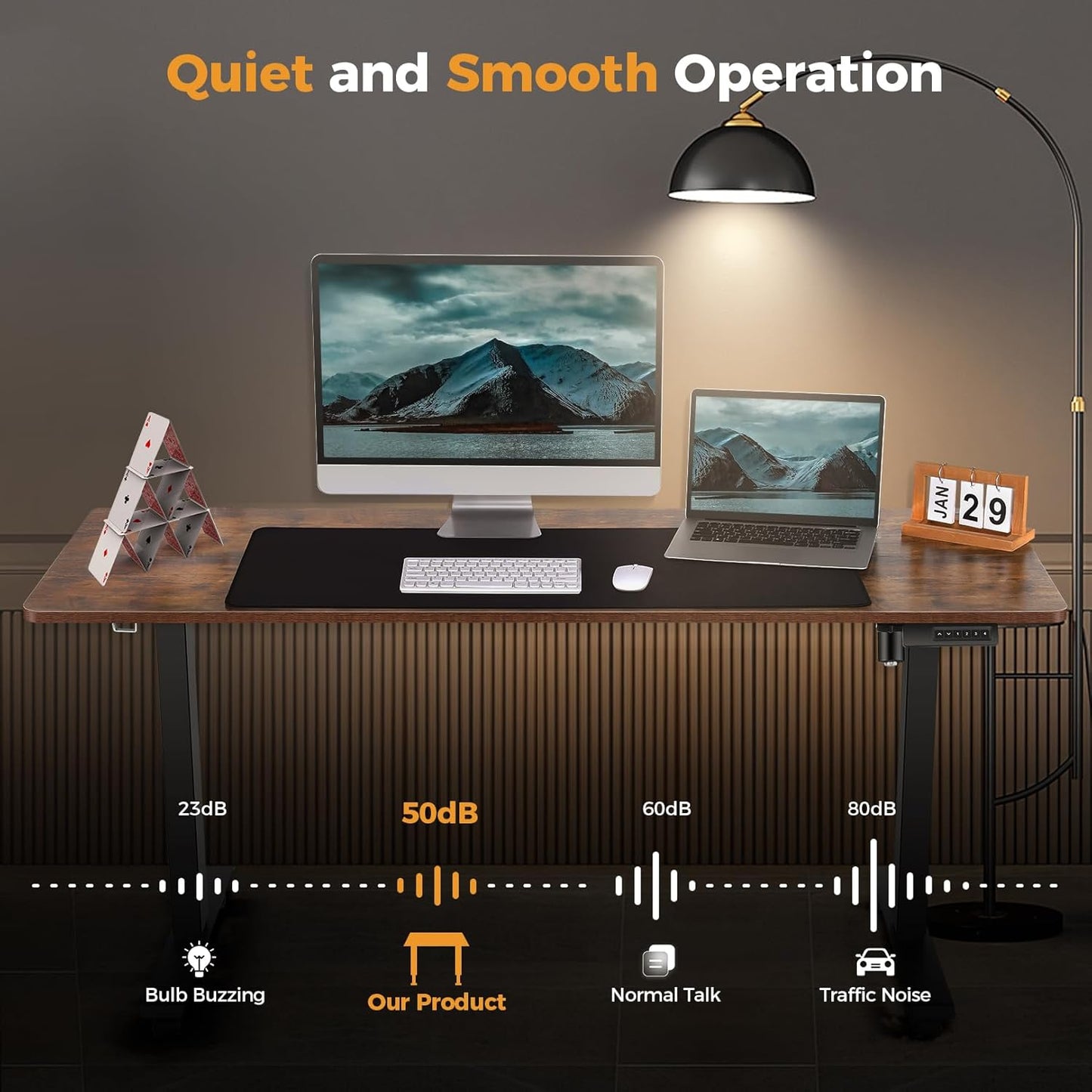 Electric Standing Desk 63 x 24 Inches Adjustable Height Ergonomic Sit Stand Up Desk Curved for Home Office Computer Workstation with 2 USB Ports 3 Power Outlets Memory Preset Wheels, Brown