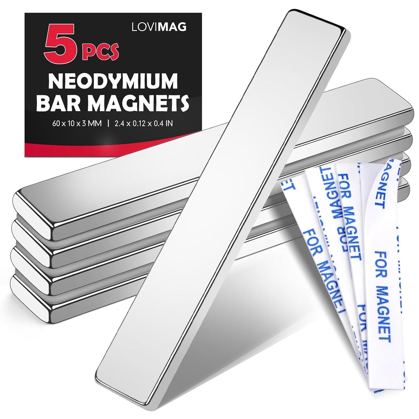 LOVIMAG Magnets with Adhesive Backing, Magnet Strips Heavy Duty, Flat Magnets for Whiteboard, Craft, Fridge, Office, Kitchen, Science - 60 x 10 x 3mm, Pack of 5