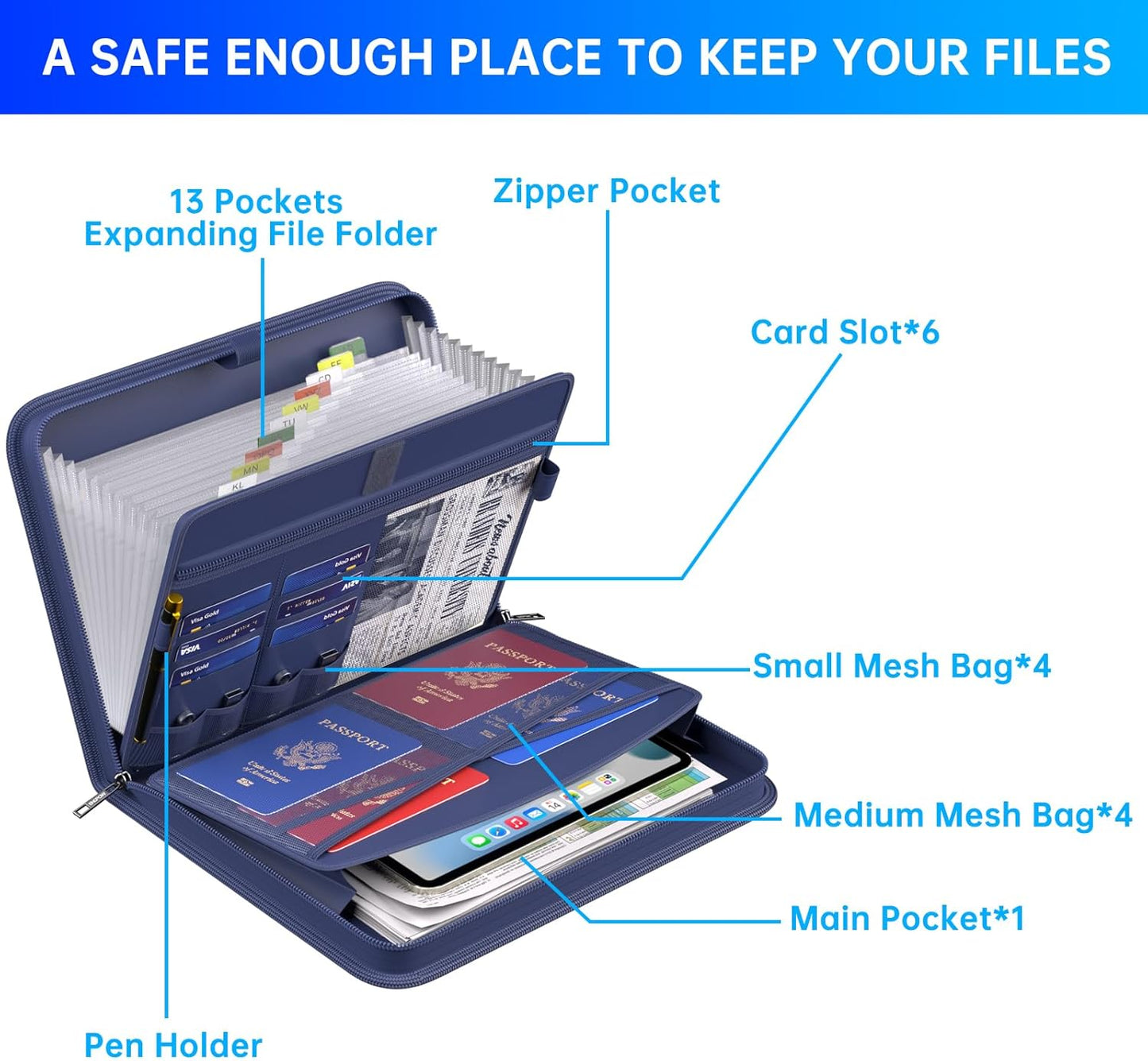 ENGPOW Accordion File Organizer,Fireproof Expanding File Folder with Multi Pockets,13 Pockets Document Organizer with Handle & Labels,Portable Home Travel Safe Storage Folder for Letter A4 Files,Blue