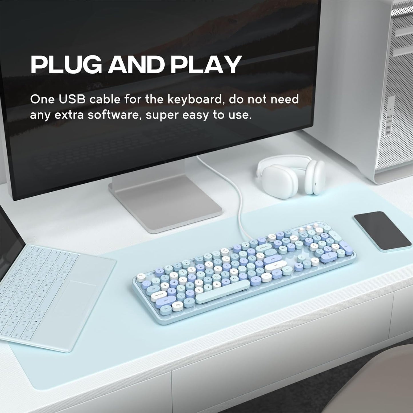 USB Wired Computer Keyboard - Retro Typewriter Keyboard - Full Size Office Keyboard with Number Pad, Caps Indicators, Foldable Stands, for PC Laptop Desktop Windows (Blue Colorful)