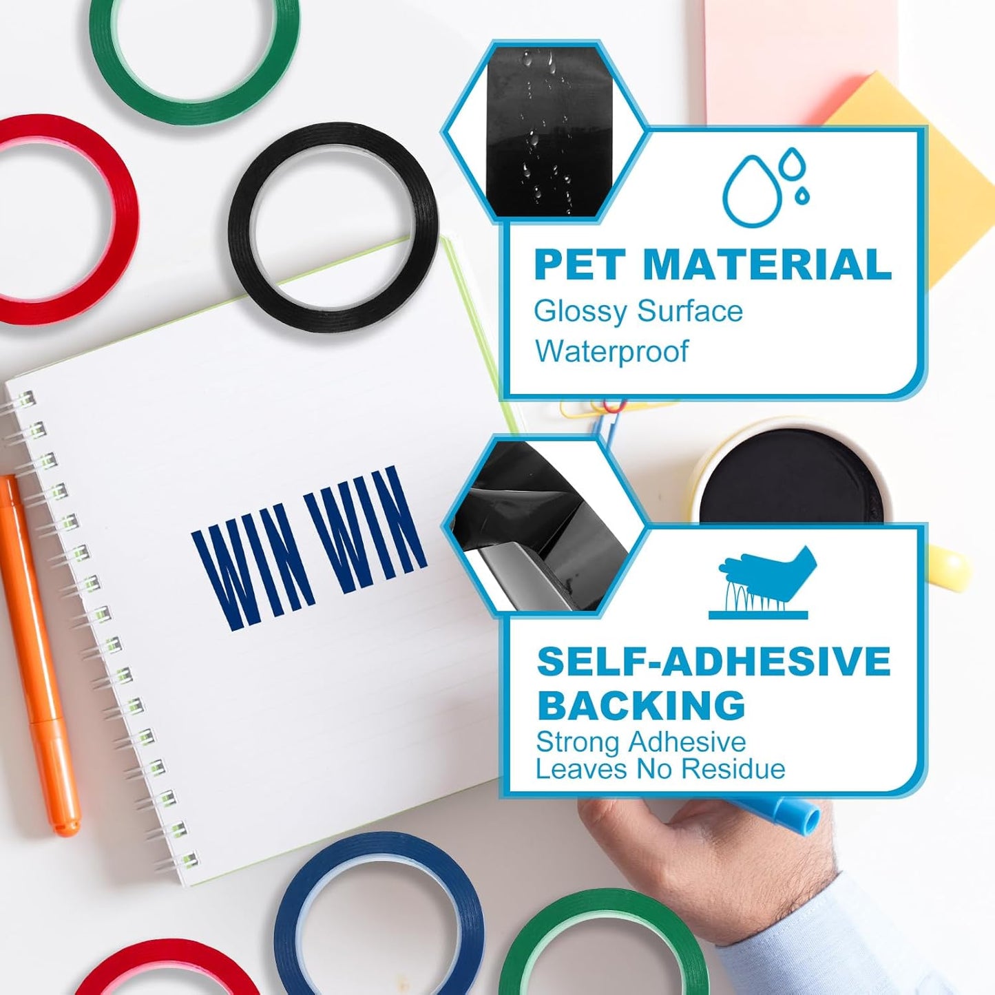 MECCANIXITY Whiteboard Tape 5/16" x 72 Yard Pinstripe Graphic Chart Line Grid Marking Tapes for Classroom Office Dry Erase Board Art, Black, Pack of 3