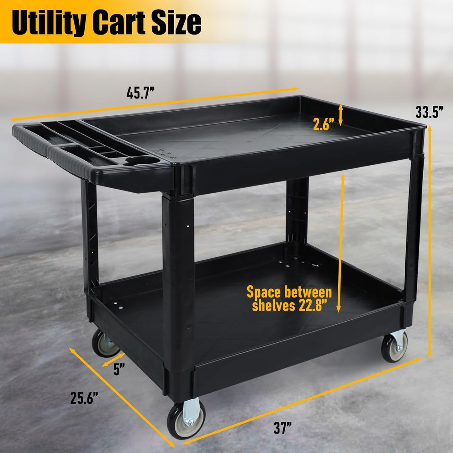 Utility Plastic Tool Cart, 46 x 26-Inch Rolling Service Carts Huge Storage W/Deep 2-Shelf Heavy Duty Cart with Wheels, 1000 lbs Capacity Organizer for Garage, Warehouse, Workshop, Black
