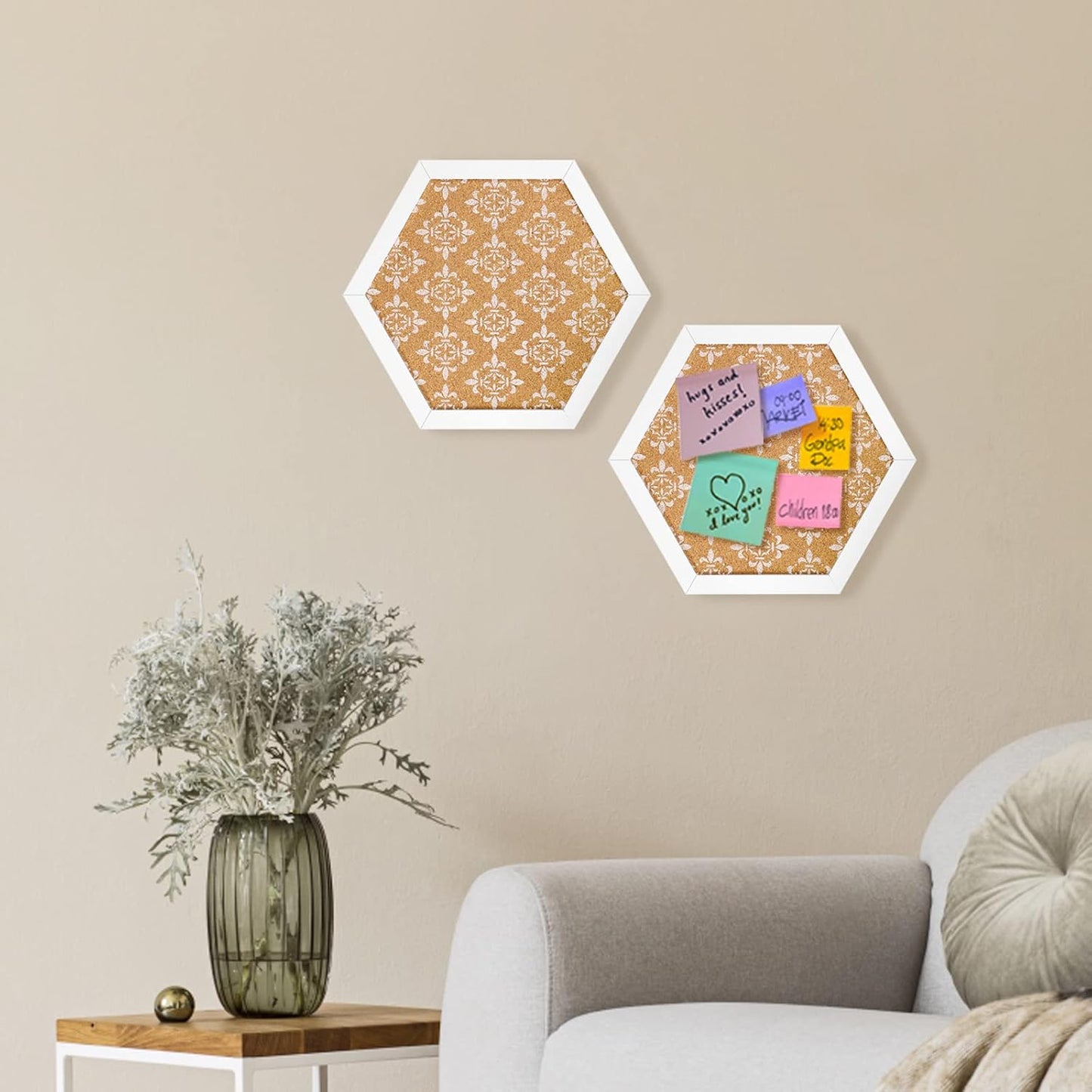 Decorative Cork Board for Walls, Hexagon Bulletin Board with Floral Print, White Framed Pin Board Vision Board for Office School Bedroom and Dorm Room with Pins, Screws(L2529,1pc)