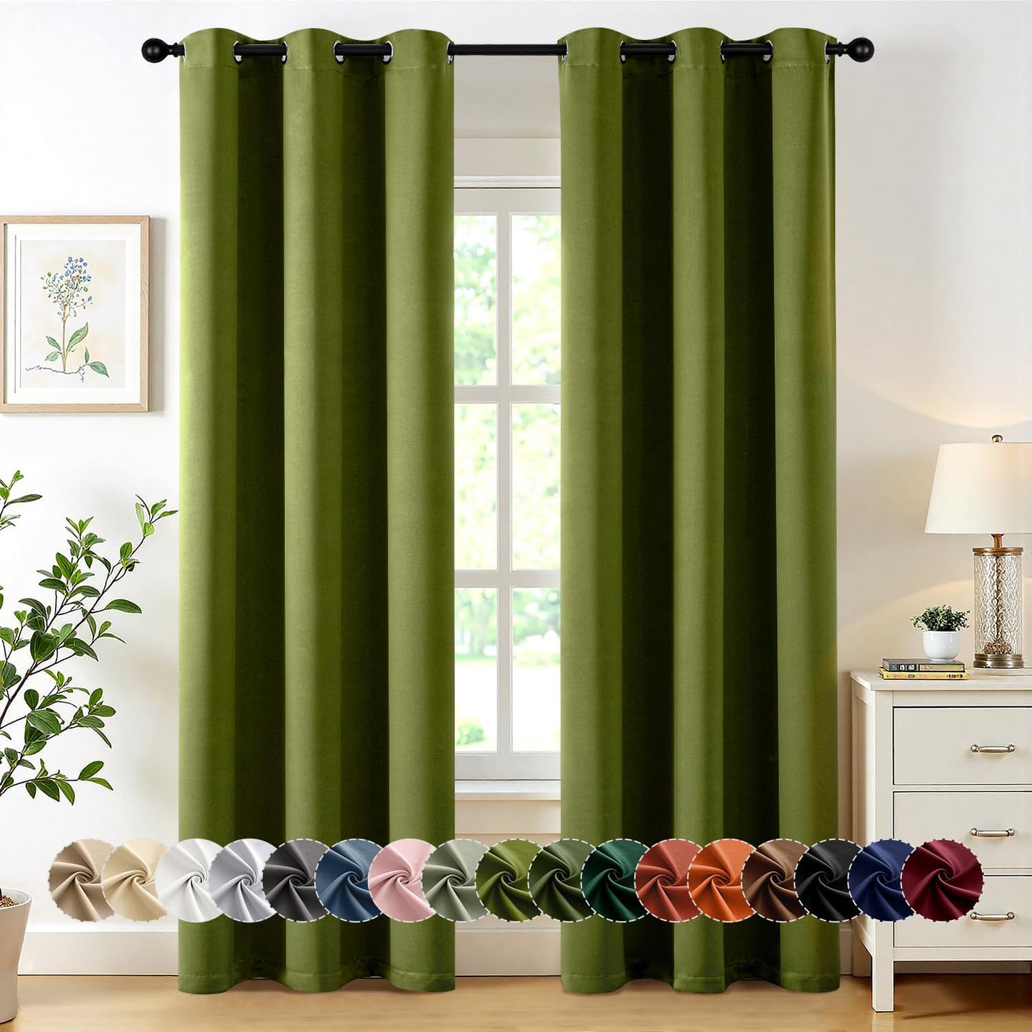 MIULEE Light Olive Green Blackout Curtains for Bedroom Living Room 72 Inches Long 2 Panels, Thermal Insulated Room Darkening Drapes Grommet Top Light Blocking Window Curtains W40 x L72 Inch