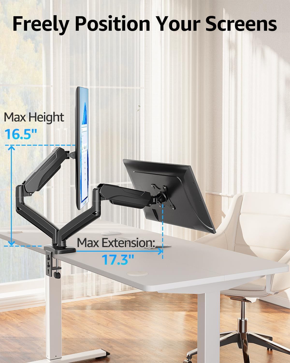 MOUNTUP Dual Monitor Stand for Desk, Pneumatic Monitor Arms for 2 Monitors 32 27 24 22 Inches, Height Adjustable Double Monitor Mount, VESA Mounts with C-Clamp & Grommet Base, Holds 4.4-17.6lbs, Black