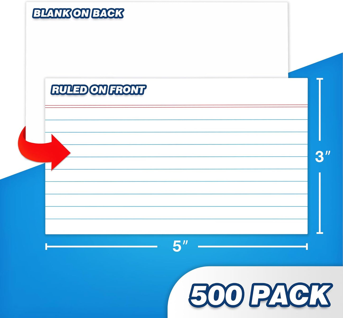 Chell 500 Count Index Cards 3x5 Inch Heavyweight, Ruled Front and Blank Back, 65 lb. Cover Weight, White