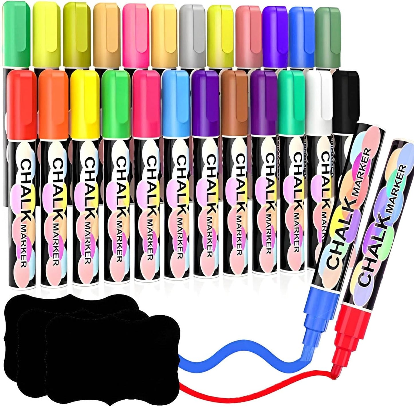 Liquid Chalk Markers for Blackboard, 24 colors Erasable Chalk Markers Pen for Windows, Glass, Chalkboard, Blackboard, Auto, Mirror, Calendar - 6mm Reversible Bullet&Chisel Tip &36pcs Chalkboard Lables