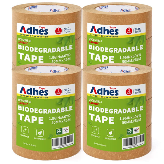 ADHES Kraft Paper Tape, 2 Inch x 60 Yards x 12 Rolls, Biodegradable Paper Packing Tape Writable & Uncoated Brown Shipping Tape for Shipping, Moving, Sealing