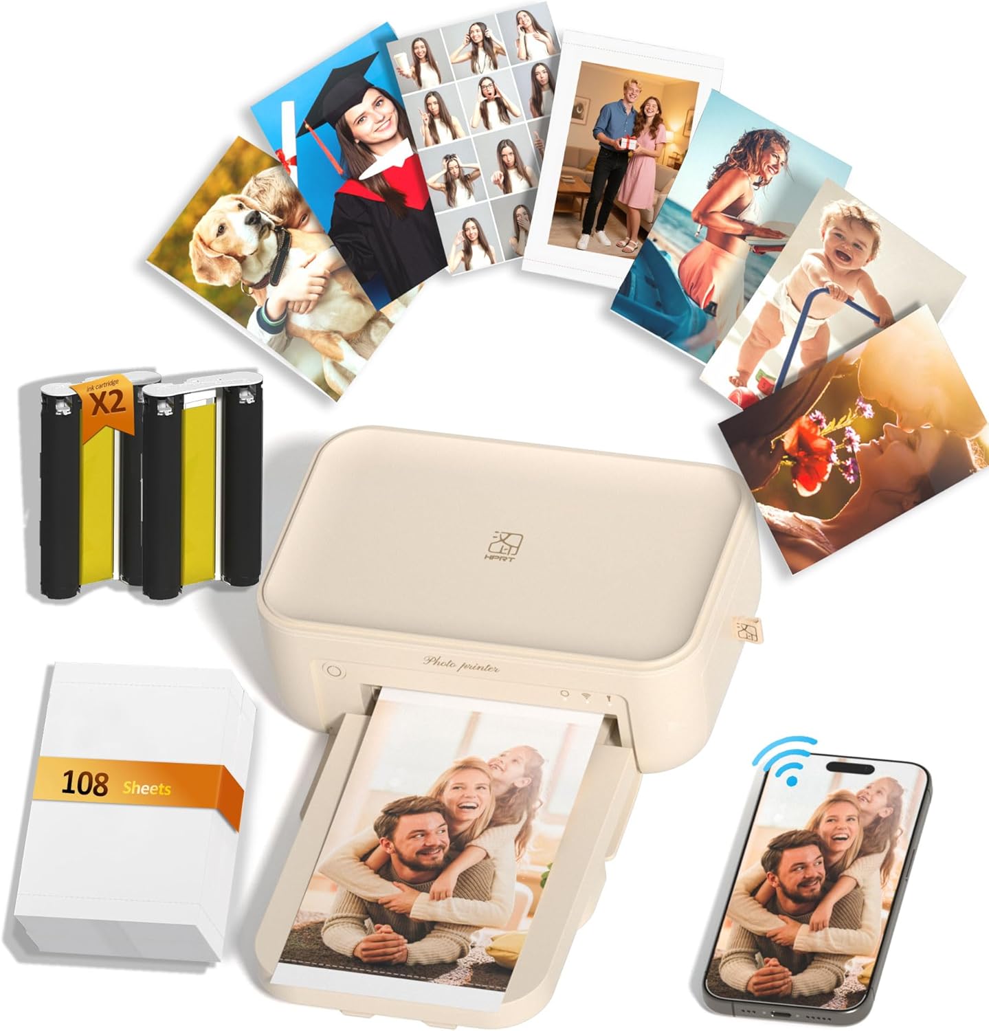 CP4100 4x6 Photo Printer with 108 Sheets & 2 Ribbons, Full-Color Thermal Dye Sublimation Wi-Fi Printing, Portable Instant Picture Printer for iPhone/Android, AR Video, Fun App, Home Use, Beige